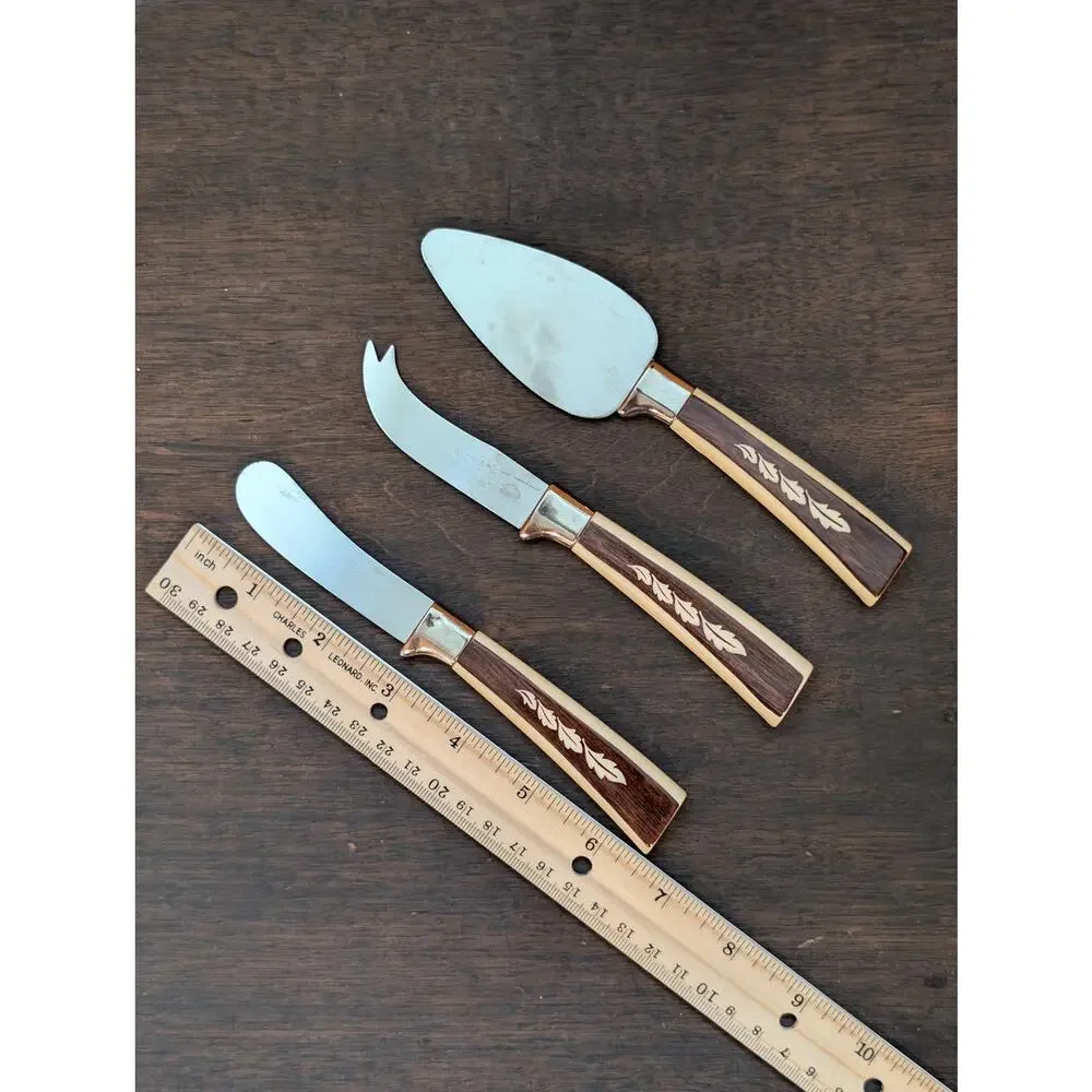 Vintage Regent Sheffield England 3 Piece Cheese Knife Set - Faux Wood - 60s-70s
